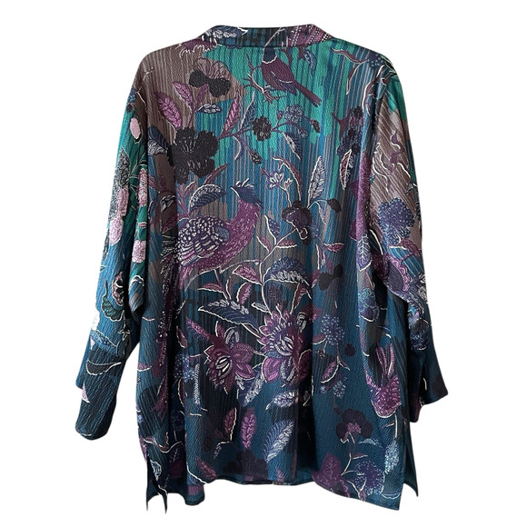 CITRON SANTA MONICA Size 3XL Purple Blue Floral Silk Textured Long Sleeve Tunic - Picture 9 of 10